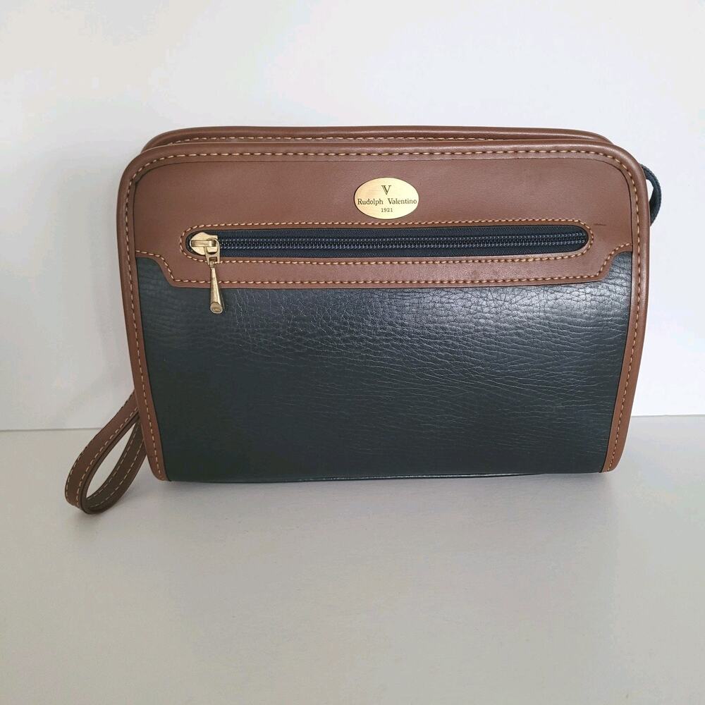 Rudolph Valentino Bag Clutch Wristlet Vintage Zip‎ Pouch Black Brown Leather